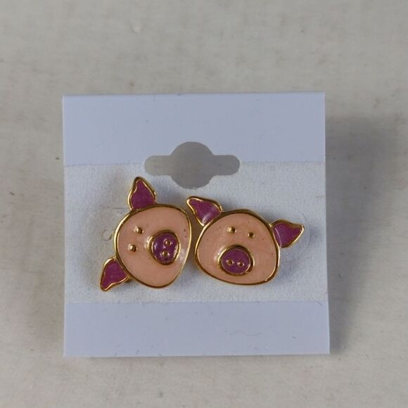 Vintage Irresistibles Piggy PIG Earrings 80s Pierced Metal Front to Back Style - Picture 5 of 8
